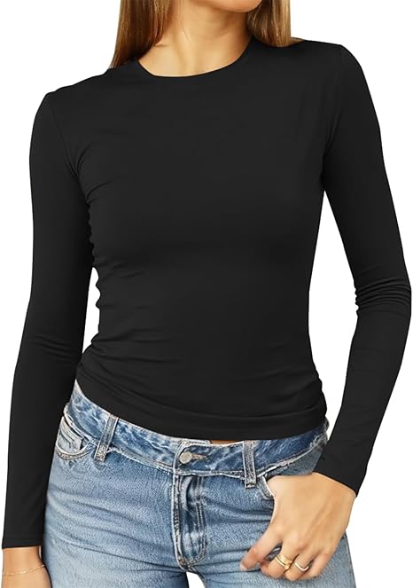 Abardsion Women's Long Sleeve Shirts Spring 2026 Casual Basic Going Out Crop Tops Slim Fit Tight Y2K Clothes