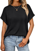 AUTOMET Women's Oversized Short Sleeve T Shirts Casual Drop Shoulder Rolled Cuff Summer Tops for Work, Travel and Lounge